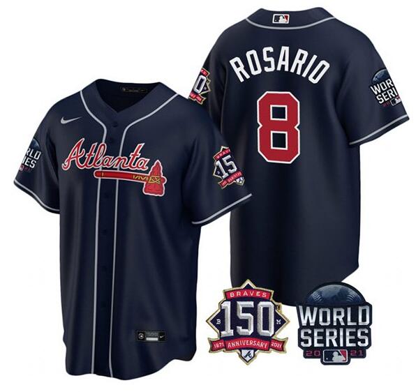 Men's Atlanta Braves #8 Eddie Rosario 2021 Navy World Series With 150th Anniversary Patch Cool Base Stitched Jersey